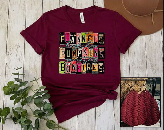 Flannel, Hayrides Pumpkins Sweaters and Bonfires, short sleeved t-shirt